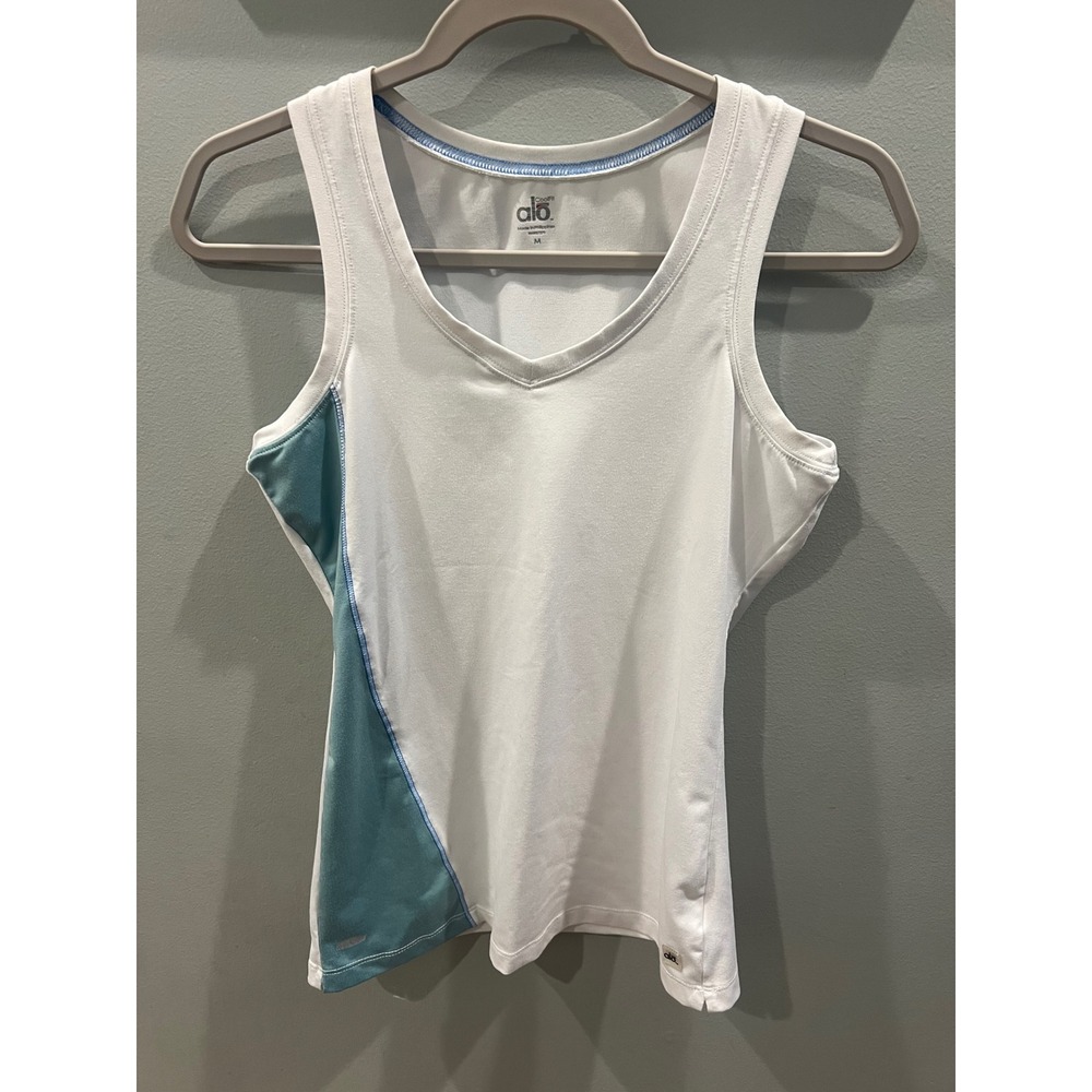 Alo Yoga CoolFit Athletic Tank Top Women's Size Medium White Teal V-Neck